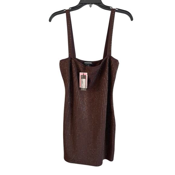 NWT PRETTYLITTLETHING chocolate Brown Diamanté Bodycon mini Dress Size 10 - Picture 1 of 8